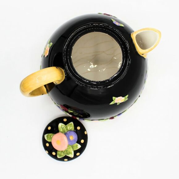 Vintage Mary Engelbreit Teapot Ceramic Cottage Rose Black White Check Design - Picture 5 of 7